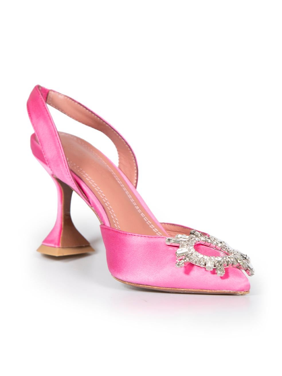 CONDITION is Good. Minor wear to heels is evident. Light marks and abrasions to the heels with some jewels missing from the embellishment on this used Amina Muaddi designer resale item.
 
 
 
 Details
 
 
 Model: Begum
 
 Pink
 
 Satin
 
 Heels
 
