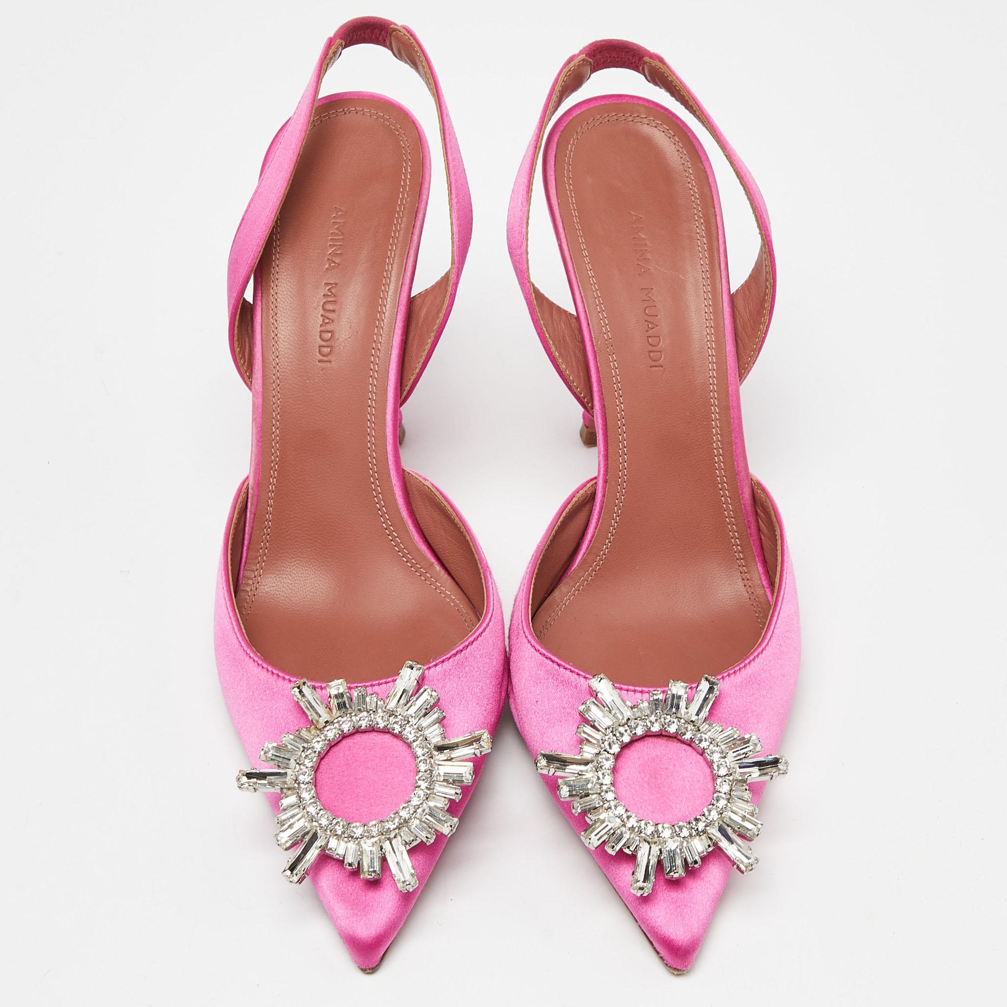 Amina Muaddi Pink Satin Begum Slingback Pumps Size 37.5 In Good Condition In Dubai, Al Qouz 2