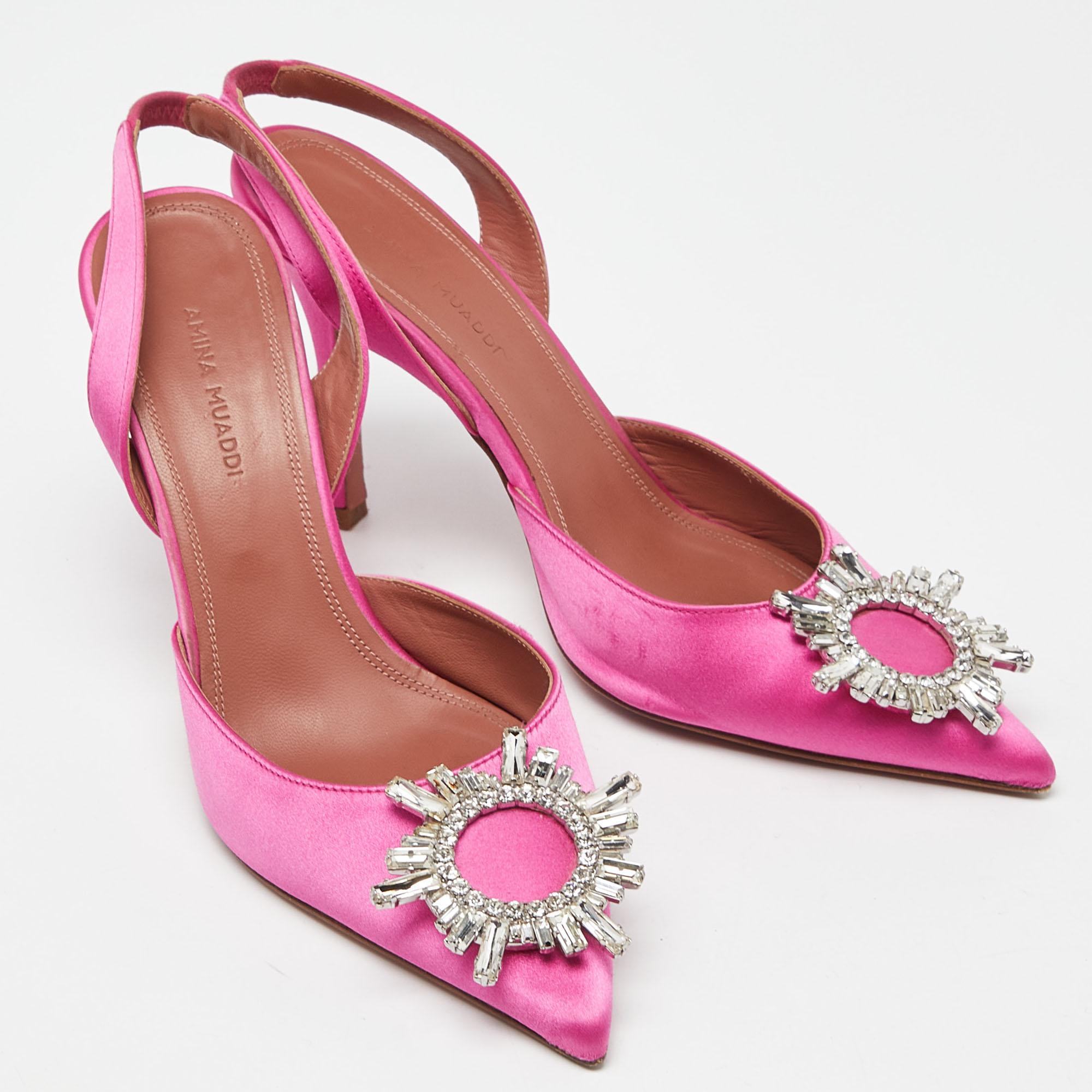 Women's Amina Muaddi Pink Satin Begum Slingback Pumps Size 37.5