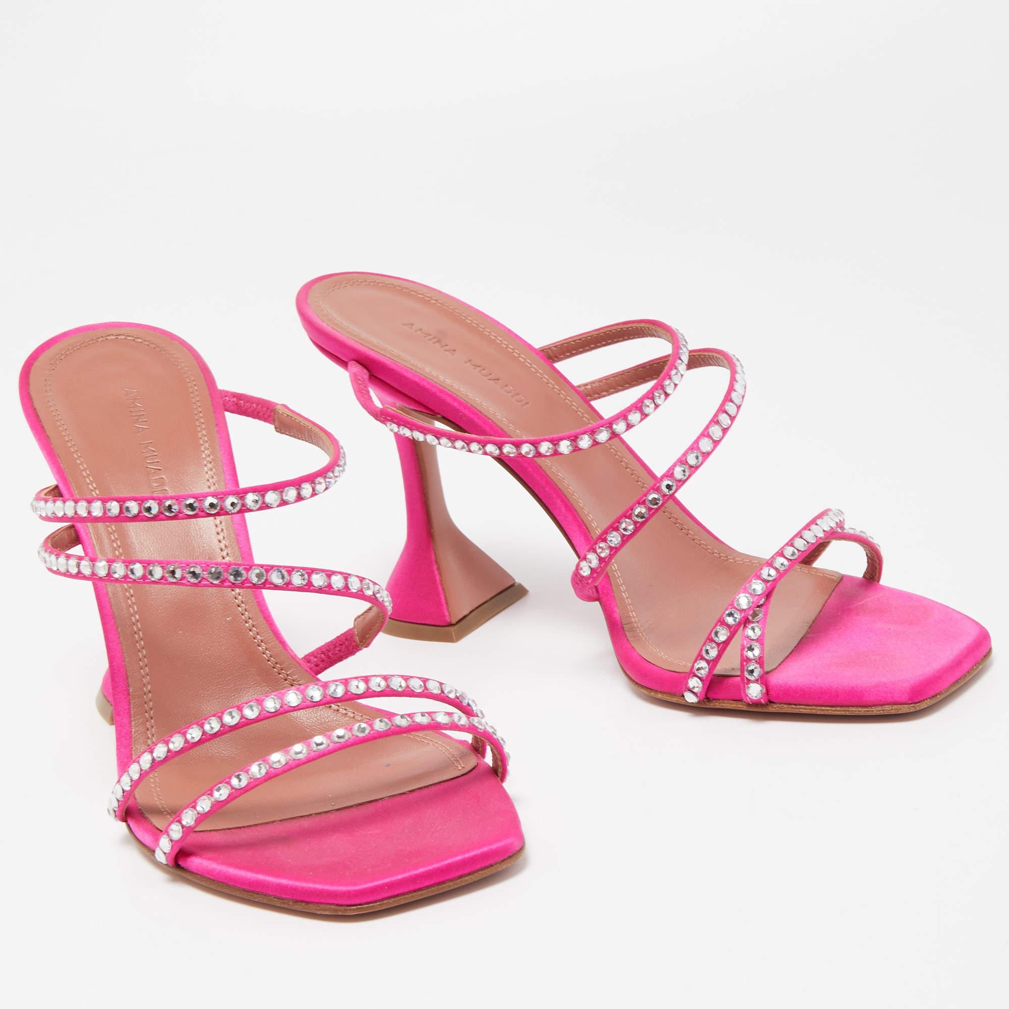 Amina Muaddi Pink Satin Gilda Crystal Embellished Sandals Size 37 In Good Condition In Dubai, Al Qouz 2