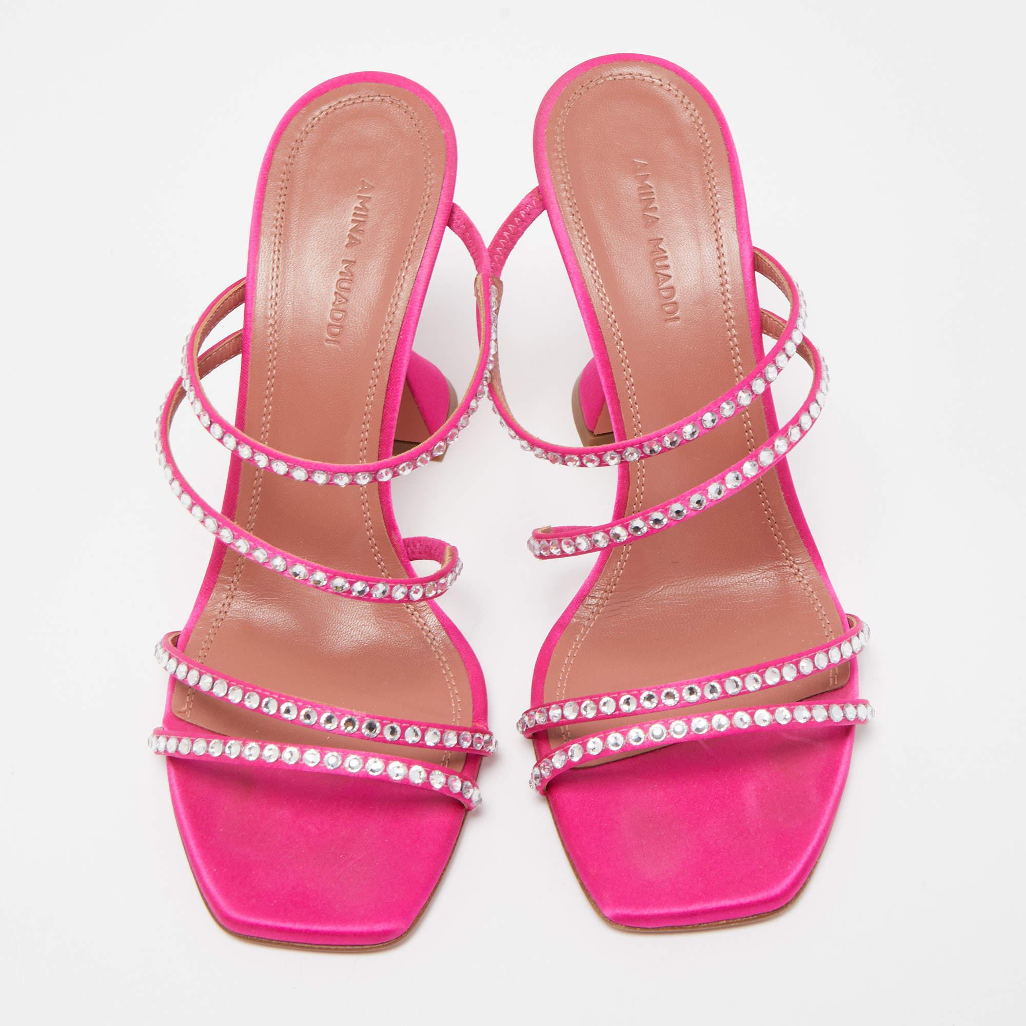 Women's Amina Muaddi Pink Satin Gilda Crystal Embellished Sandals Size 37