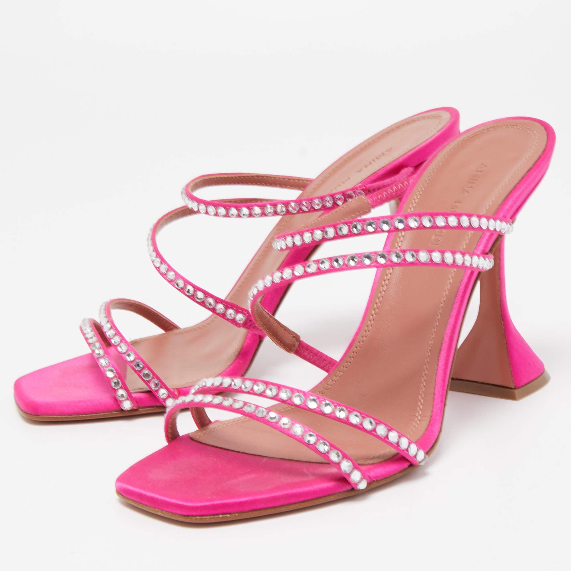 Amina Muaddi Pink Satin Gilda Crystal Embellished Sandals Size 37 1