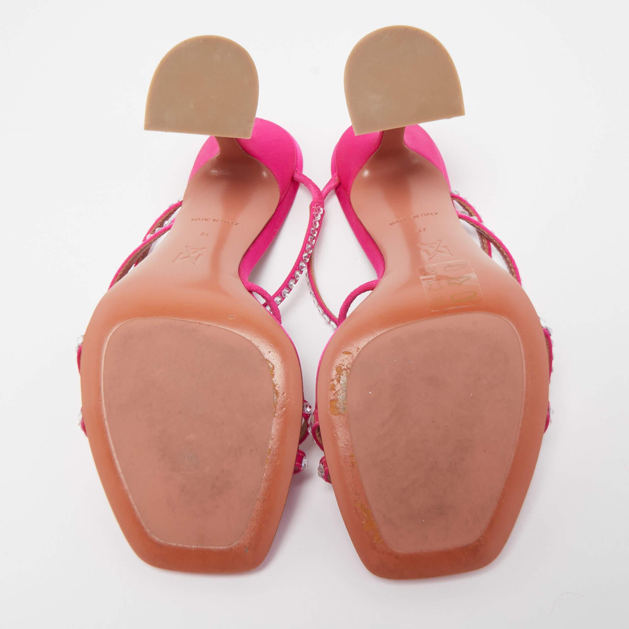 Amina Muaddi Pink Satin Gilda Crystal Embellished Sandals Size 37 3