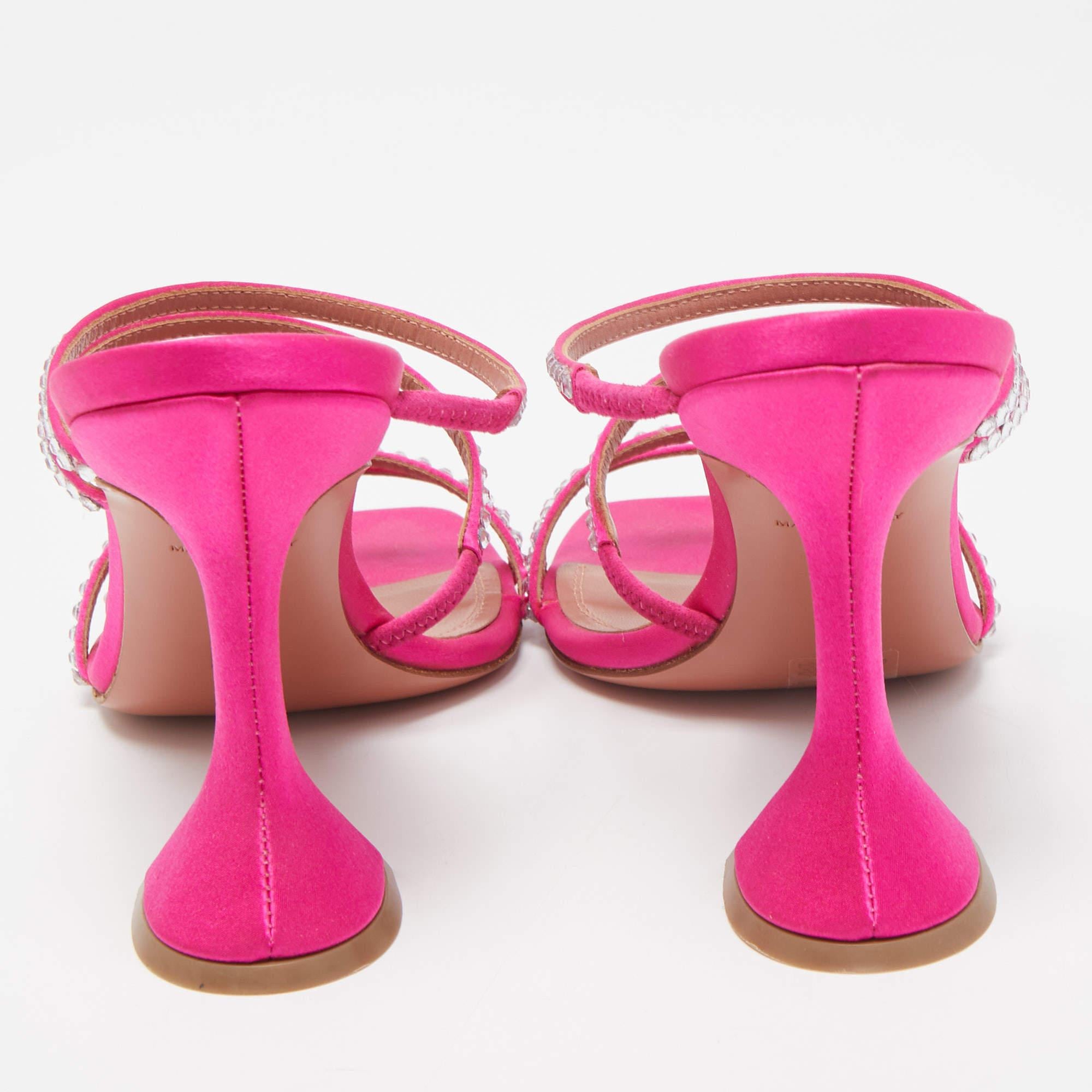 Amina Muaddi Pink Satin Gilda Crystal Embellished Sandals Size 37 4