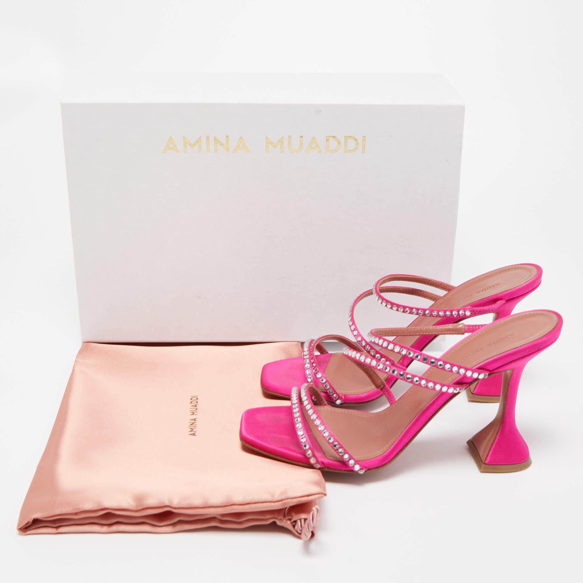 Amina Muaddi Pink Satin Gilda Crystal Embellished Sandals Size 37 5