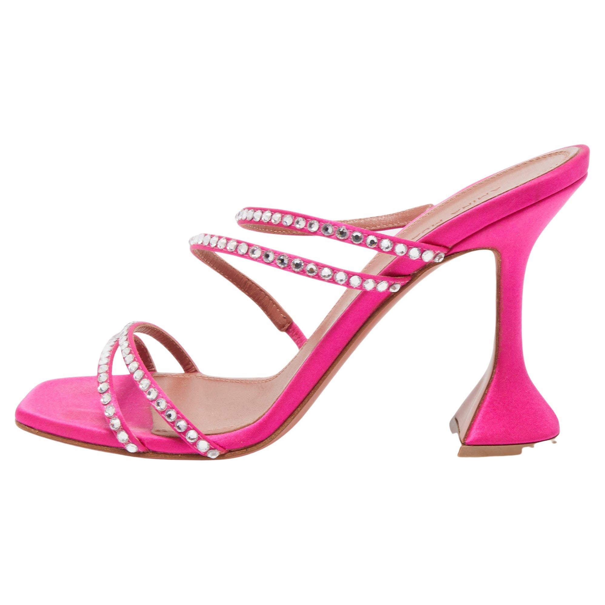 Amina Muaddi Pink Satin Gilda Crystal Embellished Sandals Size 37