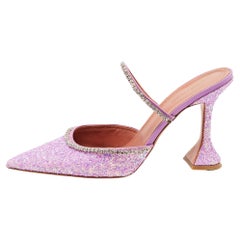 Used Amina Muaddi Purple Coarse Glitter Gilda Mules Size 41