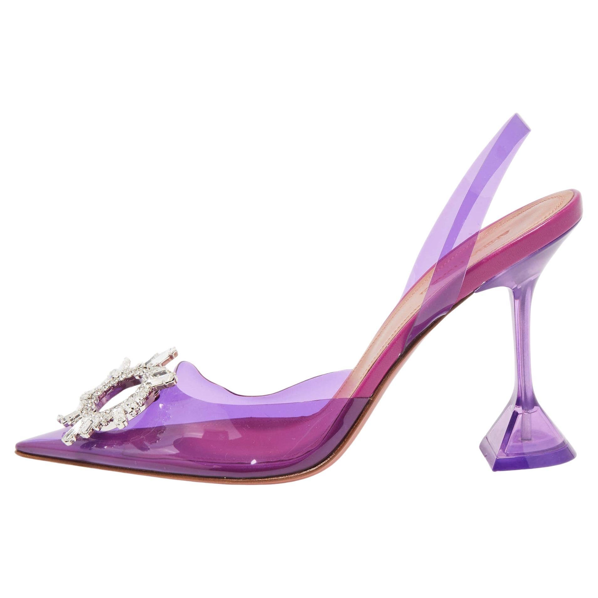 Amina Muaddi Purple PVC Begum Crystal Embellished Slingback Pumps