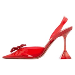 Amina Muaddi Red PVC Rosie Crystal Embellished Bow Slingback Pumps Size 38