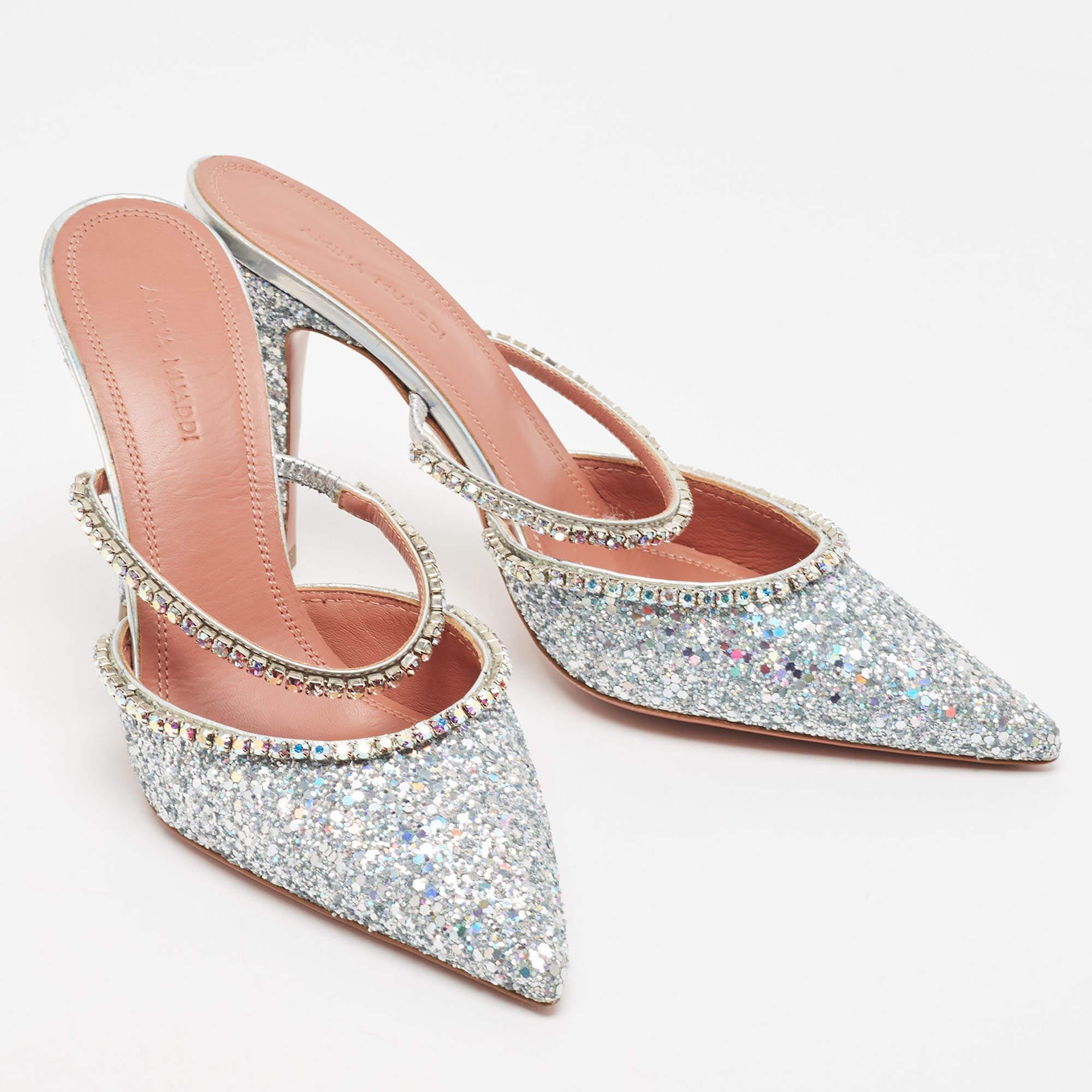 Amina Muaddi Silver Glitter Crystal Embellished Gilda Mules Size 39 In Good Condition In Dubai, Al Qouz 2