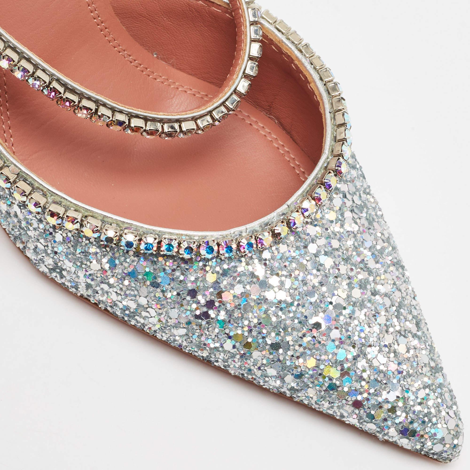 Women's Amina Muaddi Silver Glitter Crystal Embellished Gilda Mules Size 39