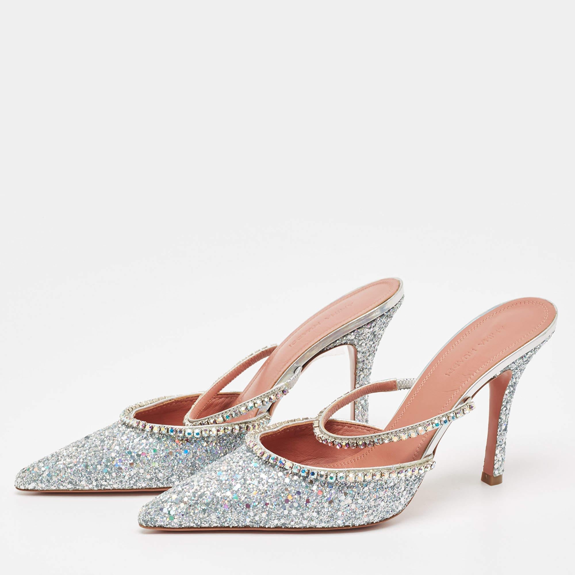 Amina Muaddi Silver Glitter Crystal Embellished Gilda Mules Size 39 1