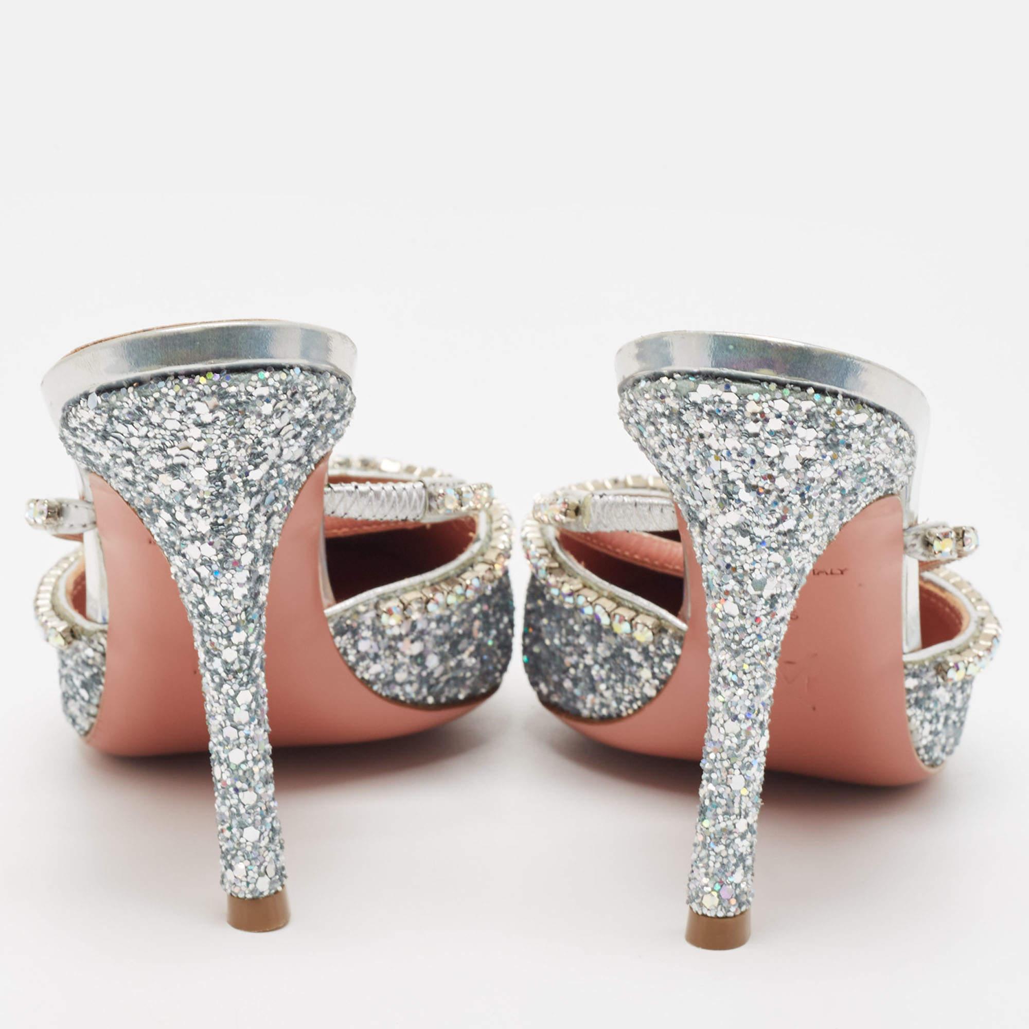 Amina Muaddi Silver Glitter Crystal Embellished Gilda Mules Size 39 4