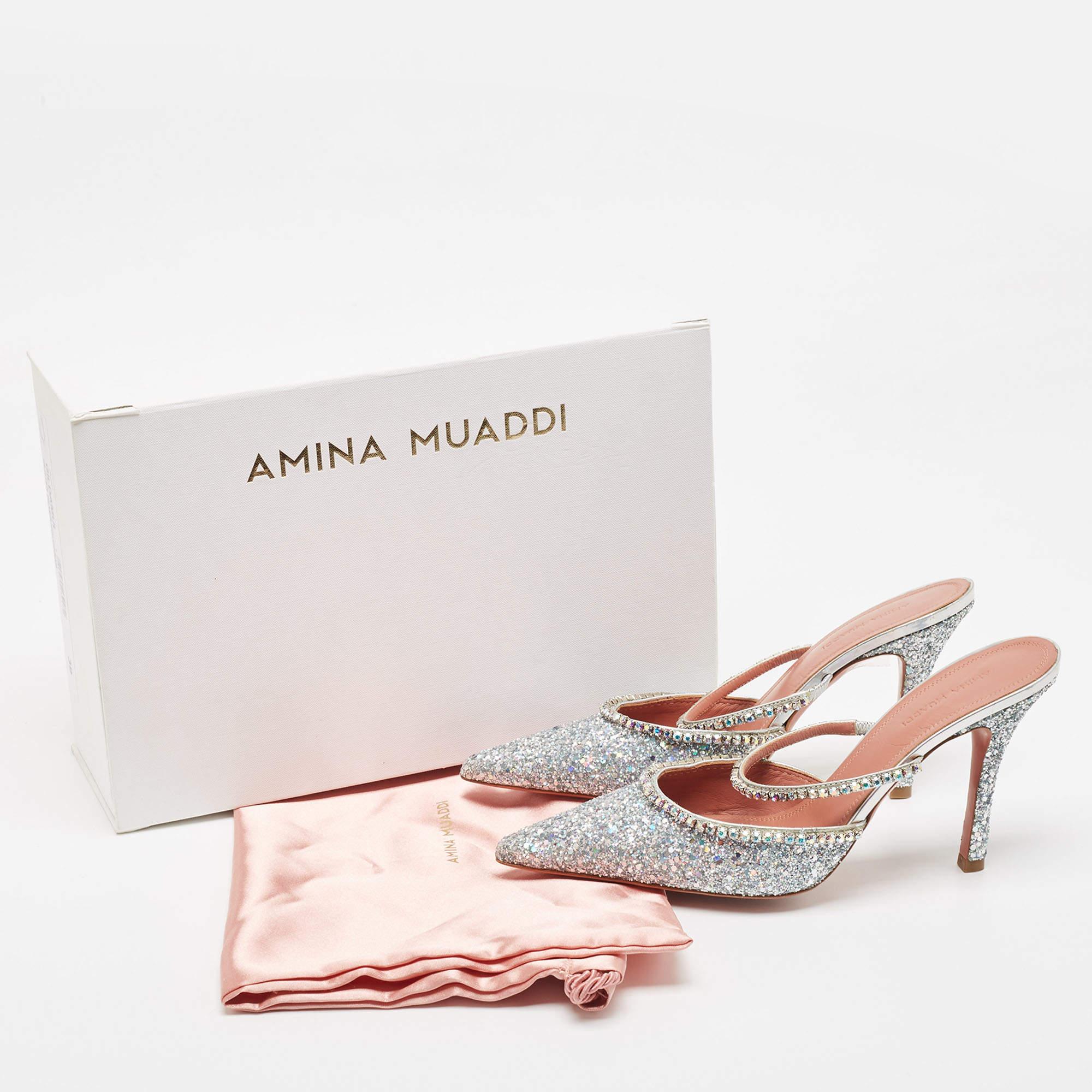 Amina Muaddi Silver Glitter Crystal Embellished Gilda Mules Size 39 5