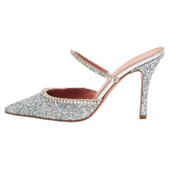 Amina Muaddi Silver Glitter Crystal Embellished Gilda Mules Size 39