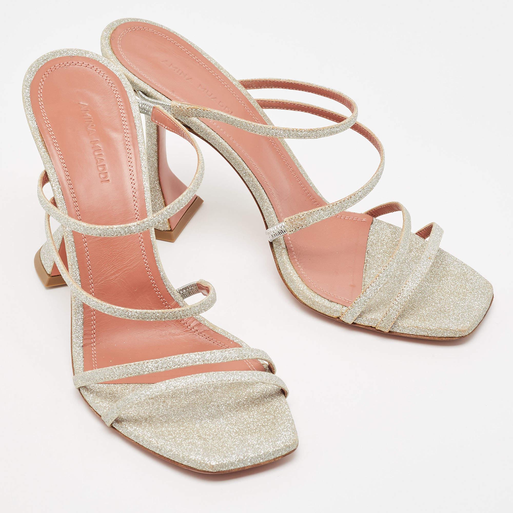  Amina Muaddi Silver Glitter Gilda Slide Sandals Size 40 Pour femmes 
