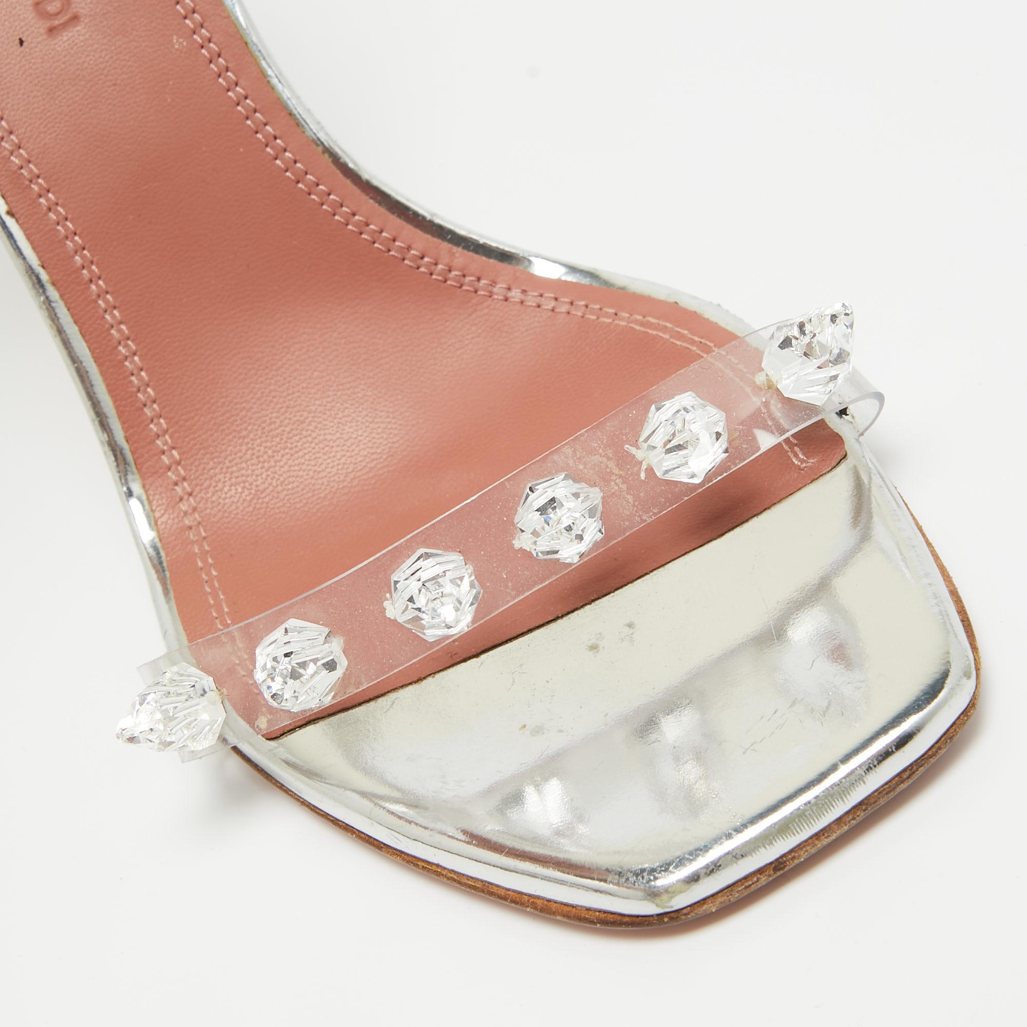 Amina Muaddi Silver PVC and Patent Leather Julia Glass Sandals Size 38 For Sale 1