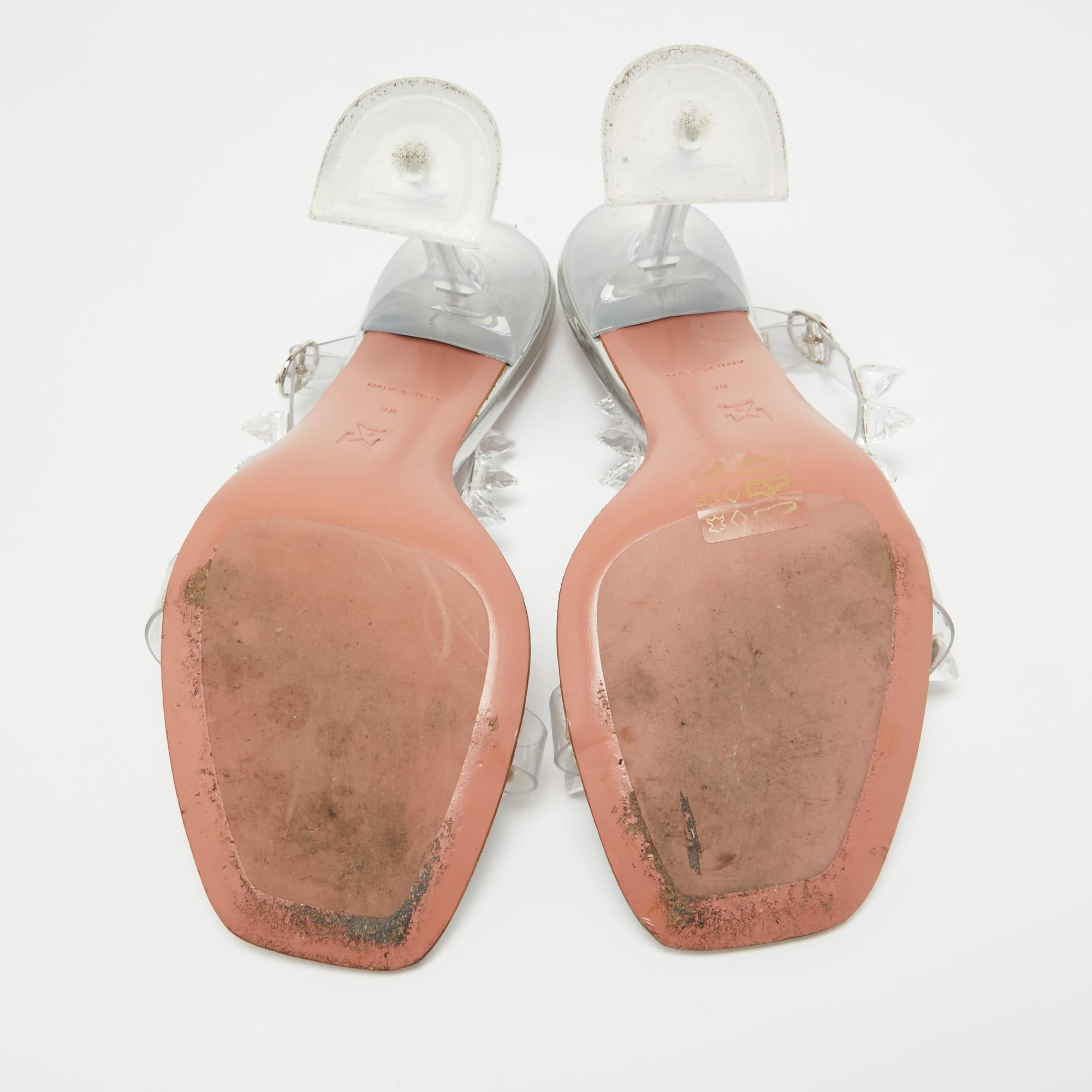 Amina Muaddi Silver PVC and Patent Leather Julia Glass Sandals Size 38 For Sale 5