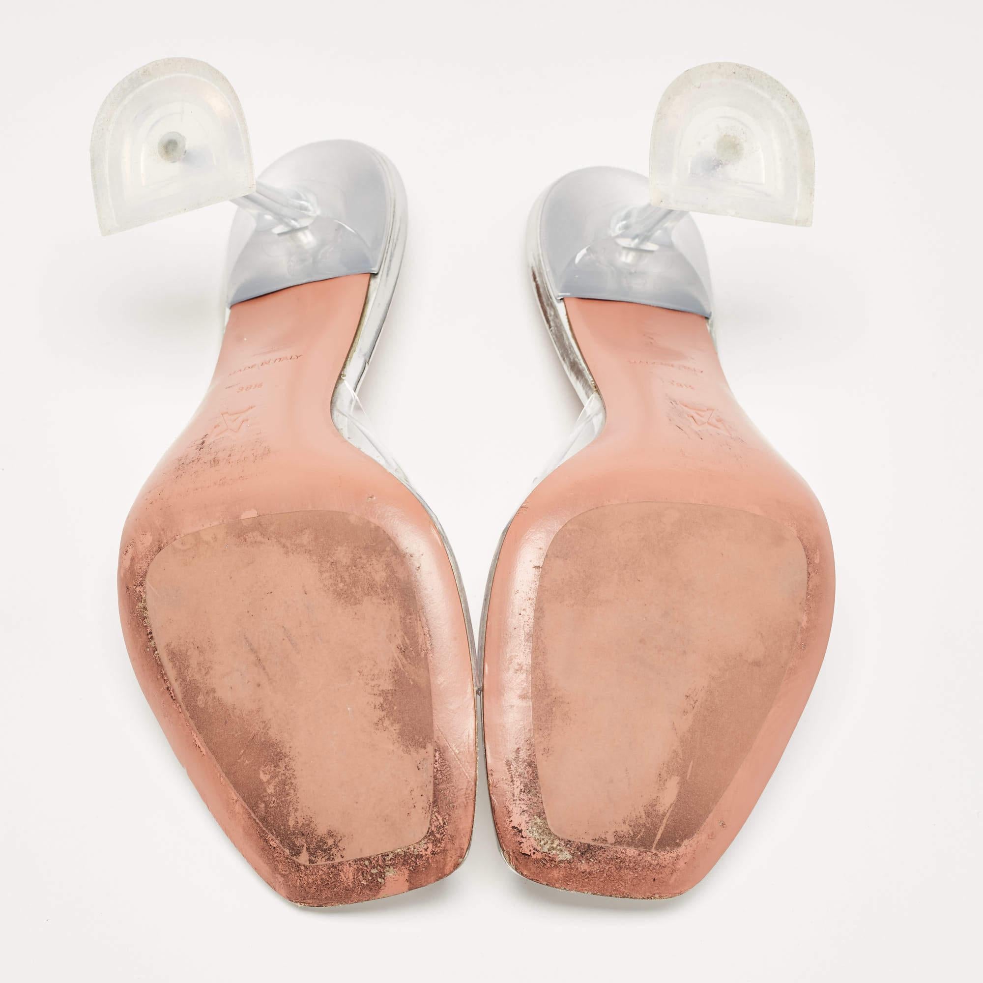 Women's Amina Muaddi Silver PVC and Patent Leather Lupita Glass Sandals Size 38.5 For Sale