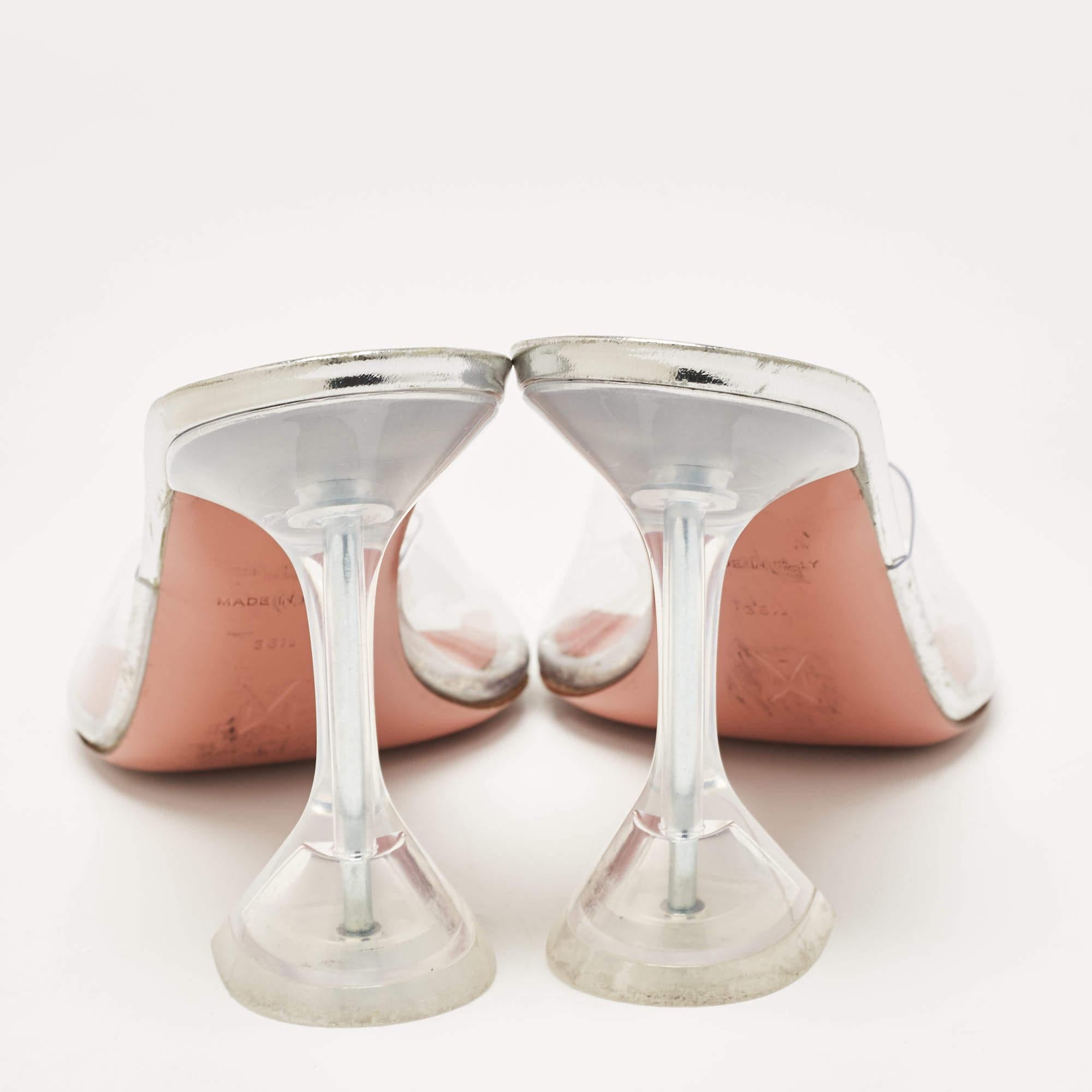 Amina Muaddi Silver PVC and Patent Leather Lupita Glass Sandals Size 38.5 For Sale 3