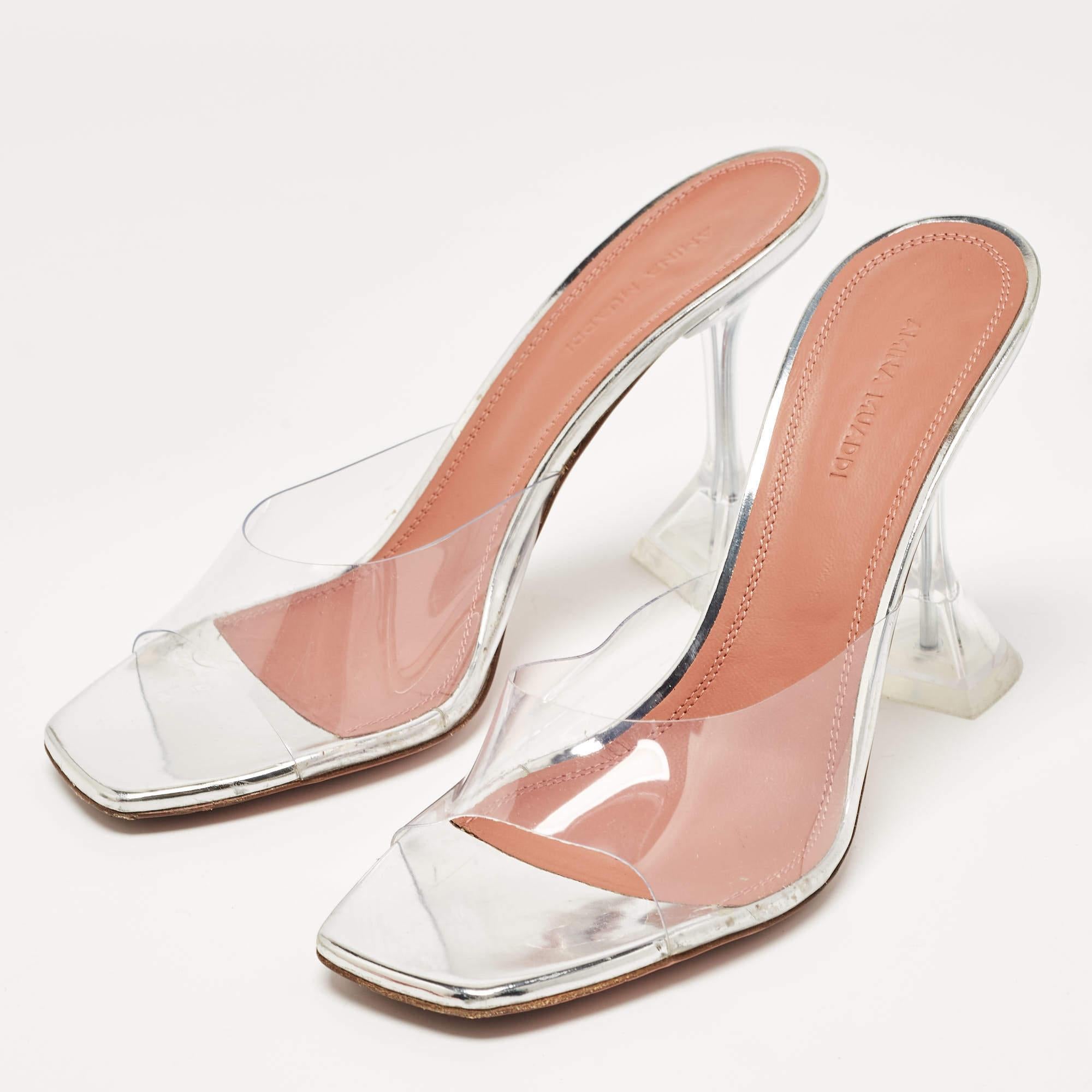 Amina Muaddi Silver PVC and Patent Leather Lupita Glass Sandals Size 38.5 For Sale 4