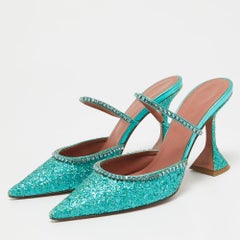 Amina Muaddi Teal Green Glitter Crystal Embellished Mules Size 38.5