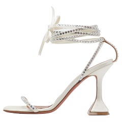 Amina Muaddi White Crystal Embellished Satin Vita Ankle Tie Sandals Size 37