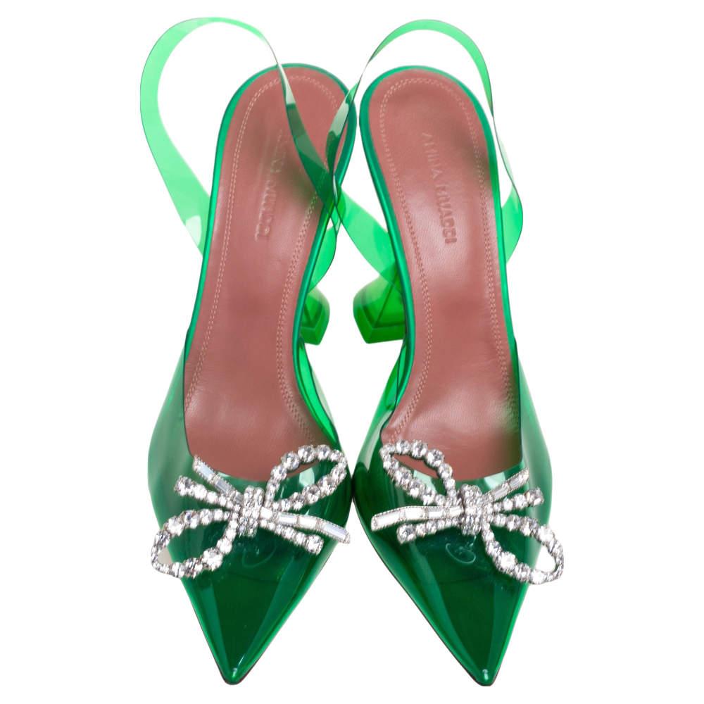 Vert Amina Muaddi - Escarpins à bride arrière en PVC vert et marron, taille 36,5 en vente