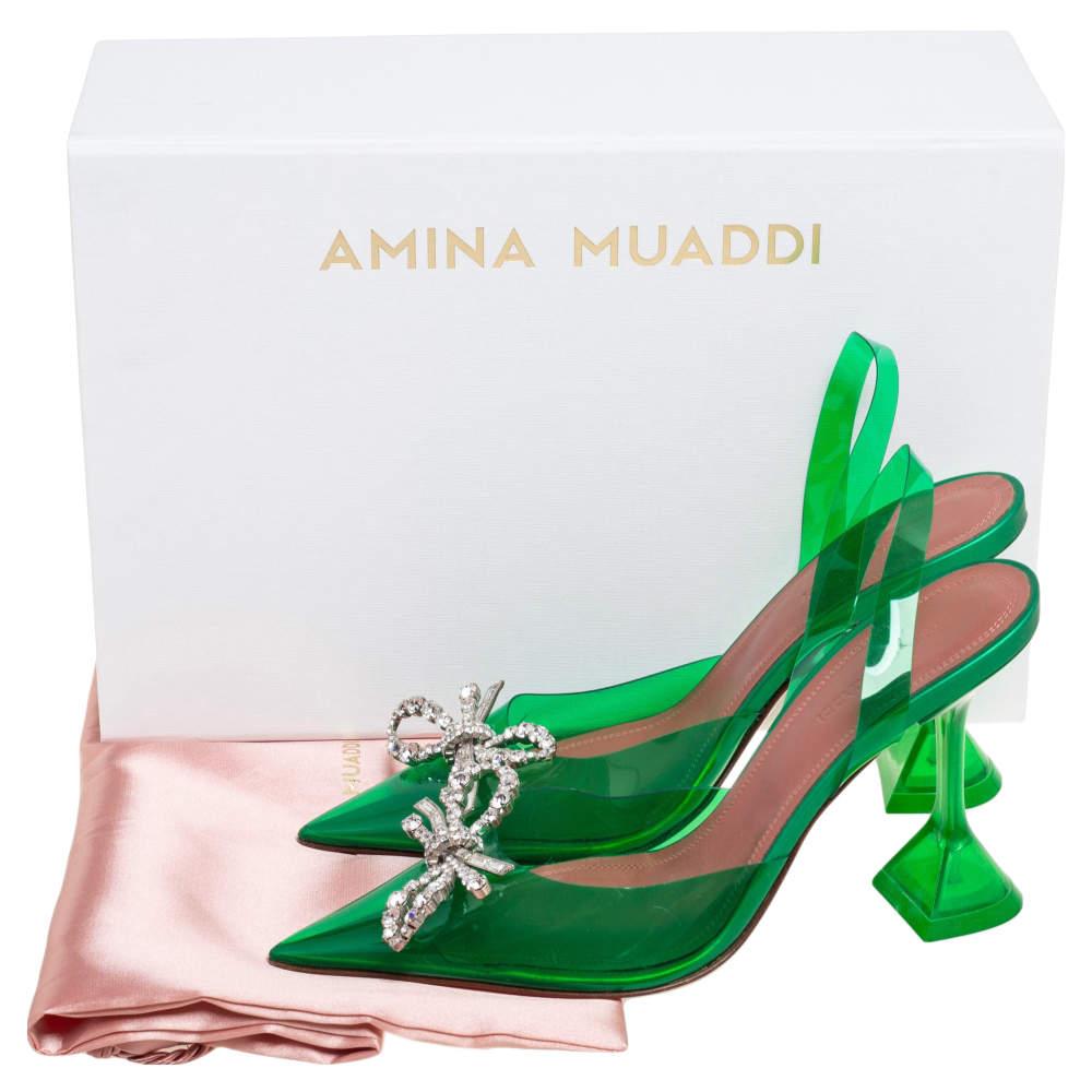 Amina Muaddi - Escarpins à bride arrière en PVC vert et marron, taille 36,5 en vente 2
