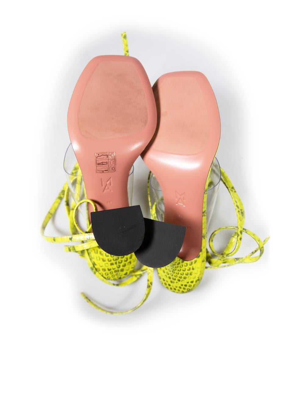 Amina Muaddi Yellow Leather Snake Zula 95 Sandals Size IT 38 In Good Condition For Sale In London, GB