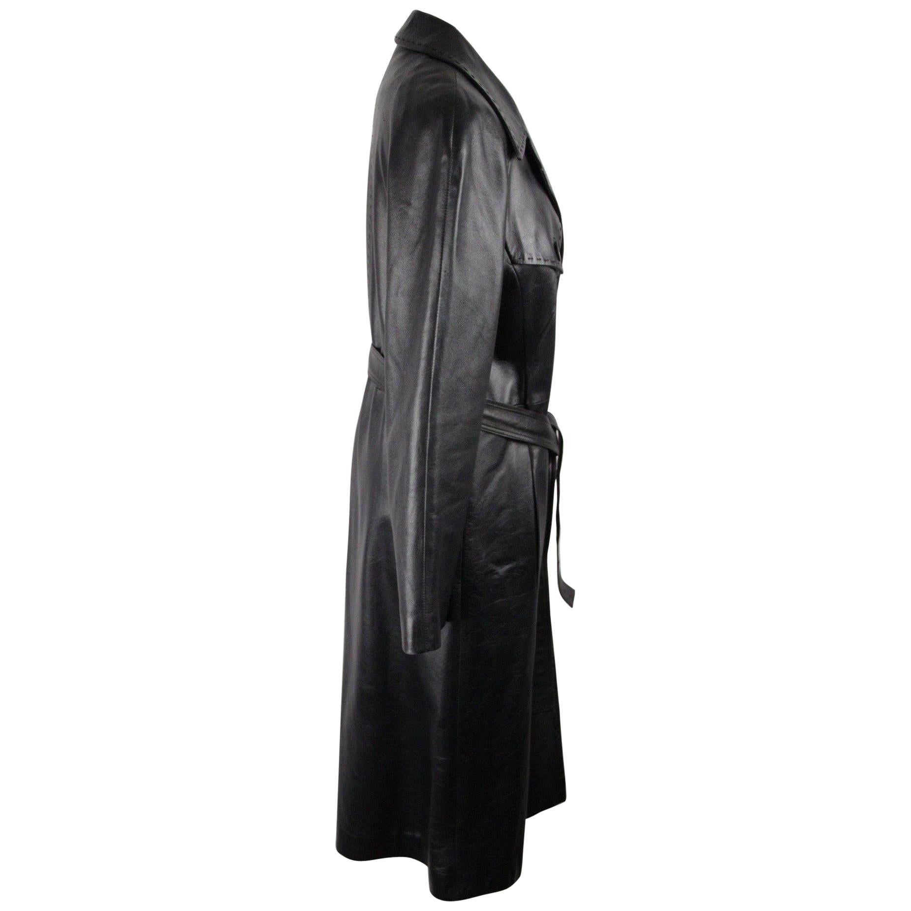 AMINA RUBINACCI Black Leather TRENCH COAT Long Lenght w/ BELT Size 42