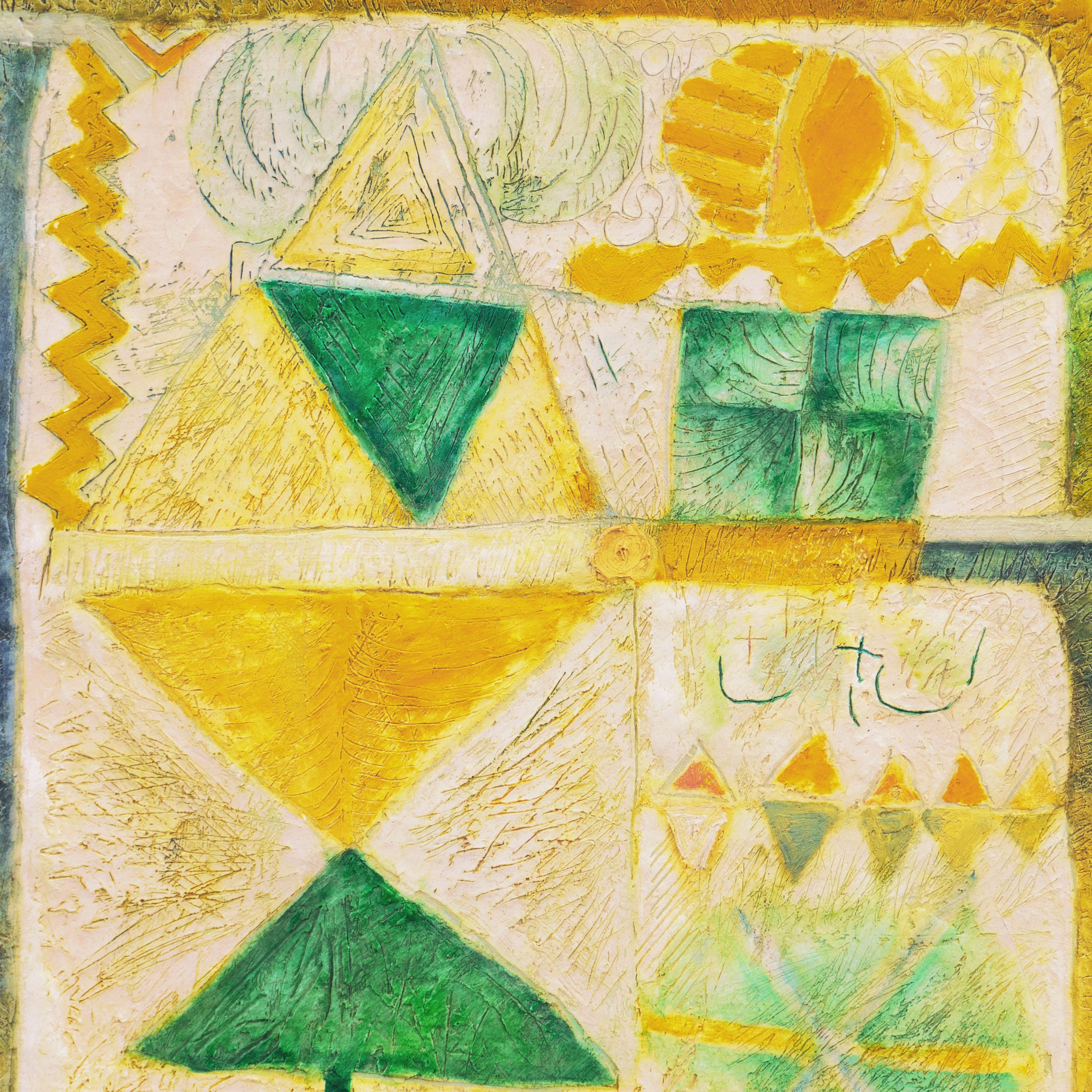 'Organic Abstract in Yellow and Green', Jakarta, Indonesian Art Academy, Ghent - Beige Abstract Painting by Aming Prayitno