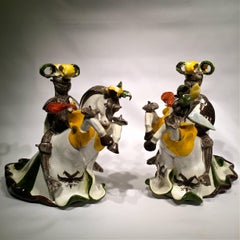 A. MINIATI Art Deco Italian Ceramic Pair of Brazed Candlesticks, circa 1930