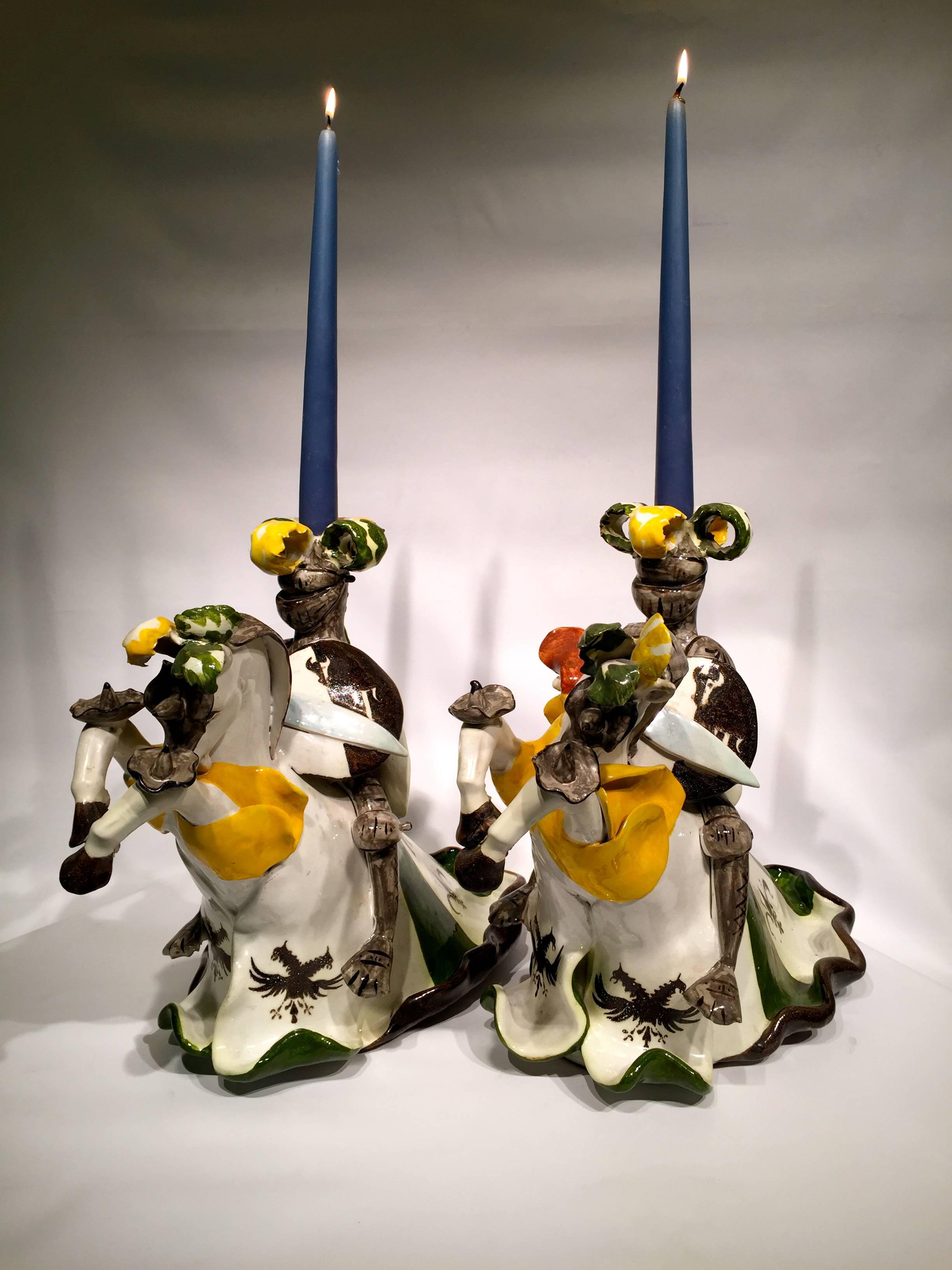 A. MINIATI Art Deco Italian Ceramic Pair of Brazed Candlesticks, circa 1930 In Excellent Condition For Sale In Rio de Janeiro, RJ