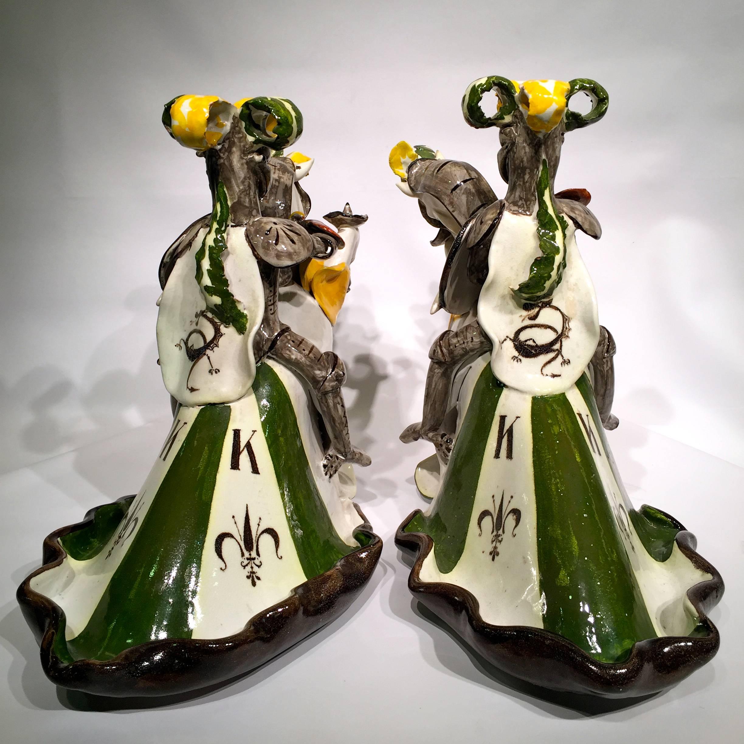 A. MINIATI Art Deco Italian Ceramic Pair of Brazed Candlesticks, circa 1930 For Sale 4