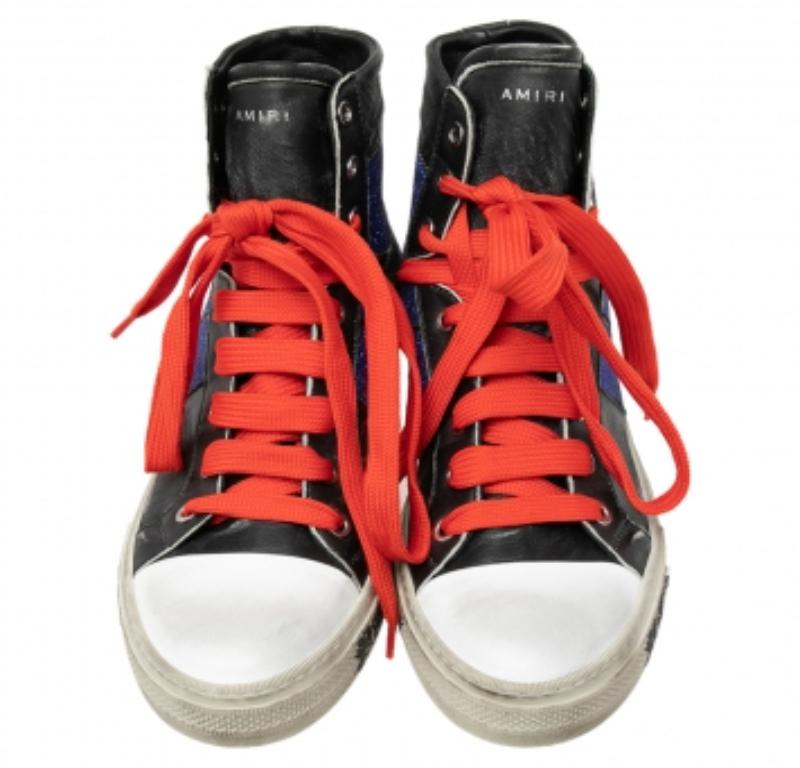 Amiri Schwarz/Blaues Leder und Glitter-Sonnenuntergang-Sneakers mit Spitze Größe 42 Herren im Angebot