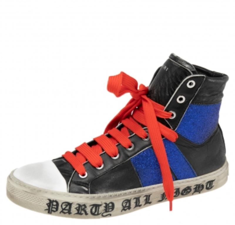 Amiri Schwarz/Blaues Leder und Glitter-Sonnenuntergang-Sneakers mit Spitze Größe 42 im Angebot 3