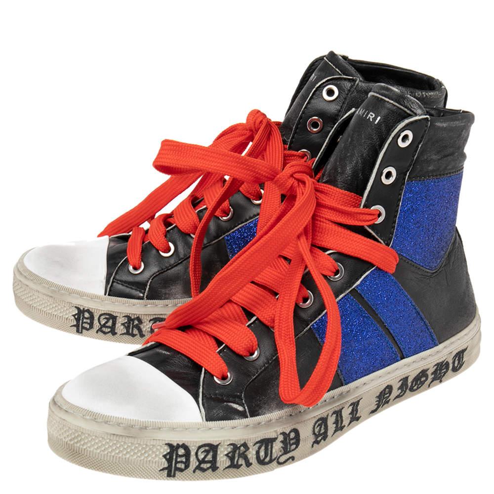 Amiri Black/Blue Leather And Glitter Sunset Lace High Top Sneakers Size 42 For Sale 2