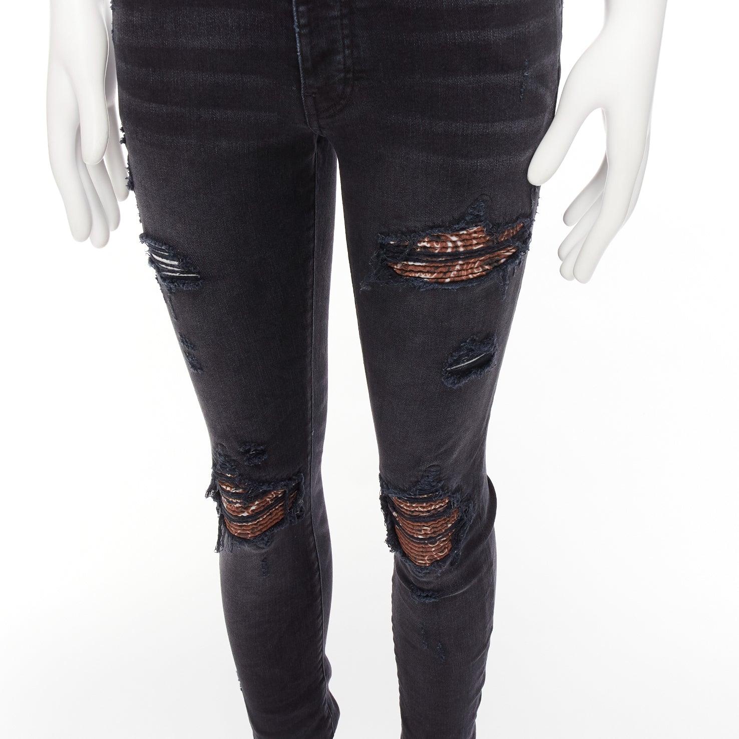 Amiri jeans skinny lavati neri antracite con inserti plissettati marroni 31