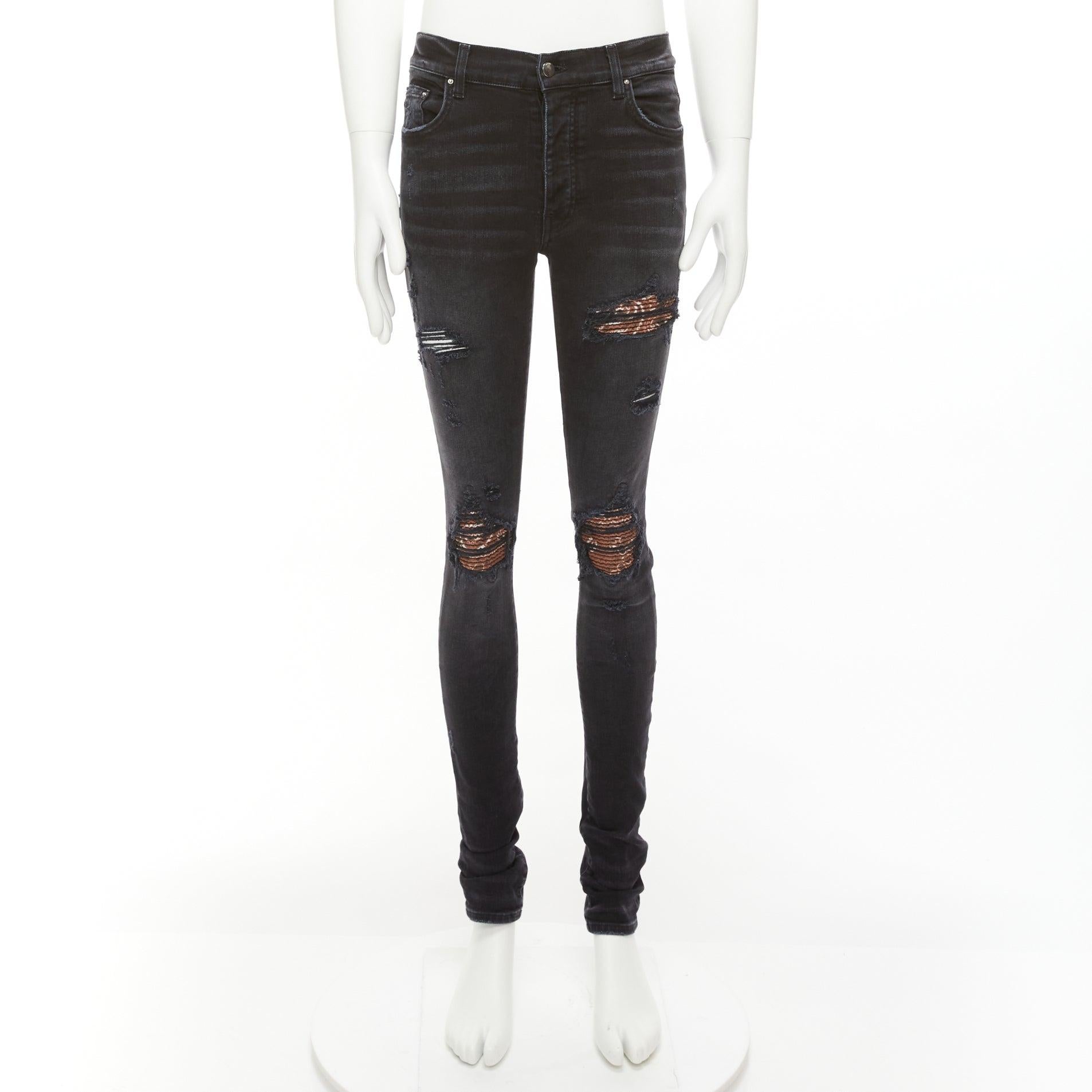 Amiri jeans skinny lavati neri antracite con inserti plissettati marroni 31