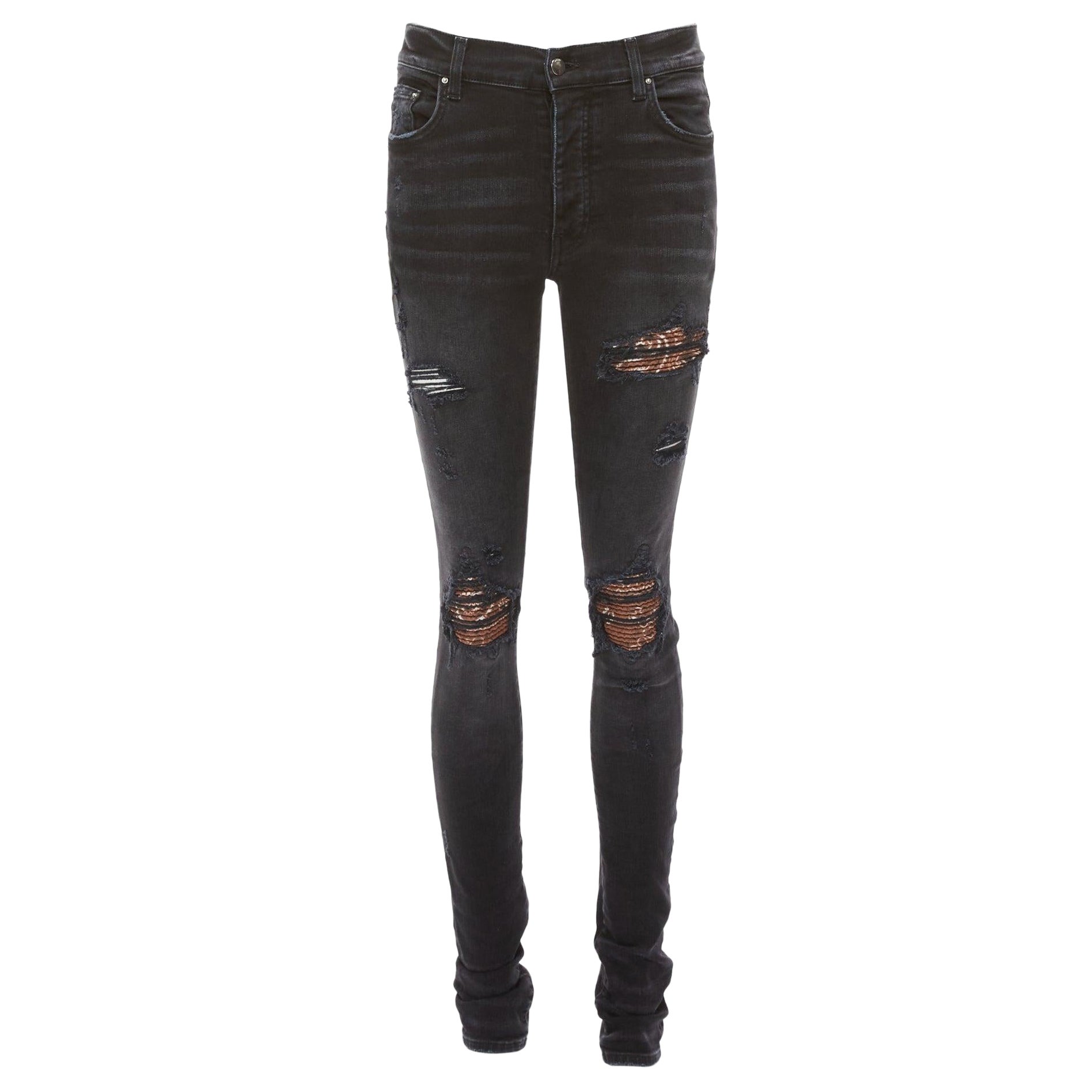 Amiri jeans skinny lavati neri antracite con inserti plissettati marroni 31"