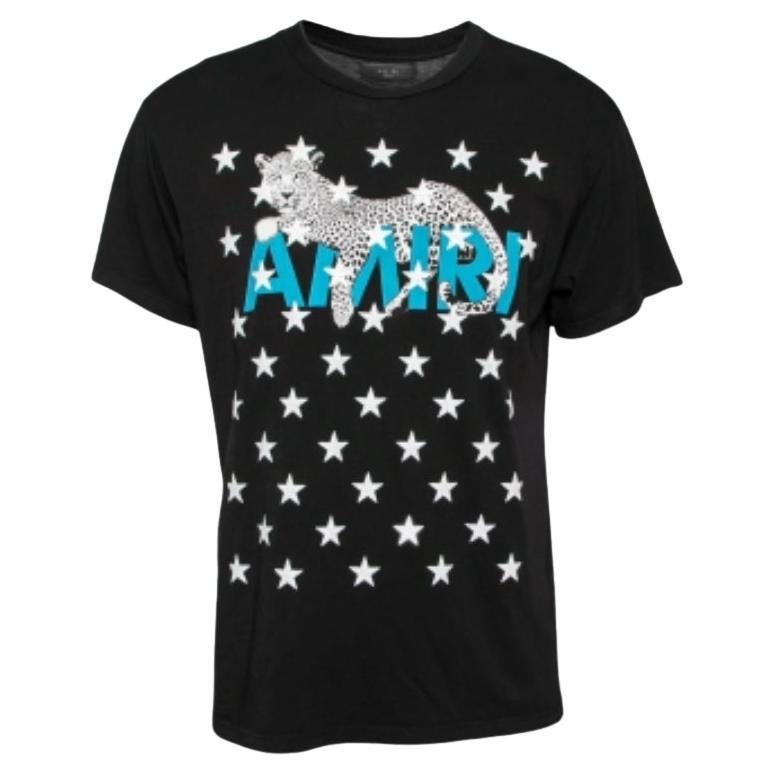Amiri Black Cotton Leopard Star Printed Crew Neck T-Shirt XS en vente