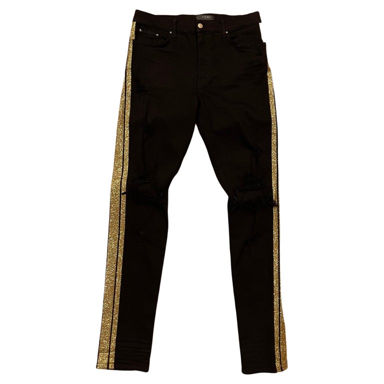 Amiri Black Denim Gold Glitter Stripe Track Jeans Pants For Sale at 1stDibs
