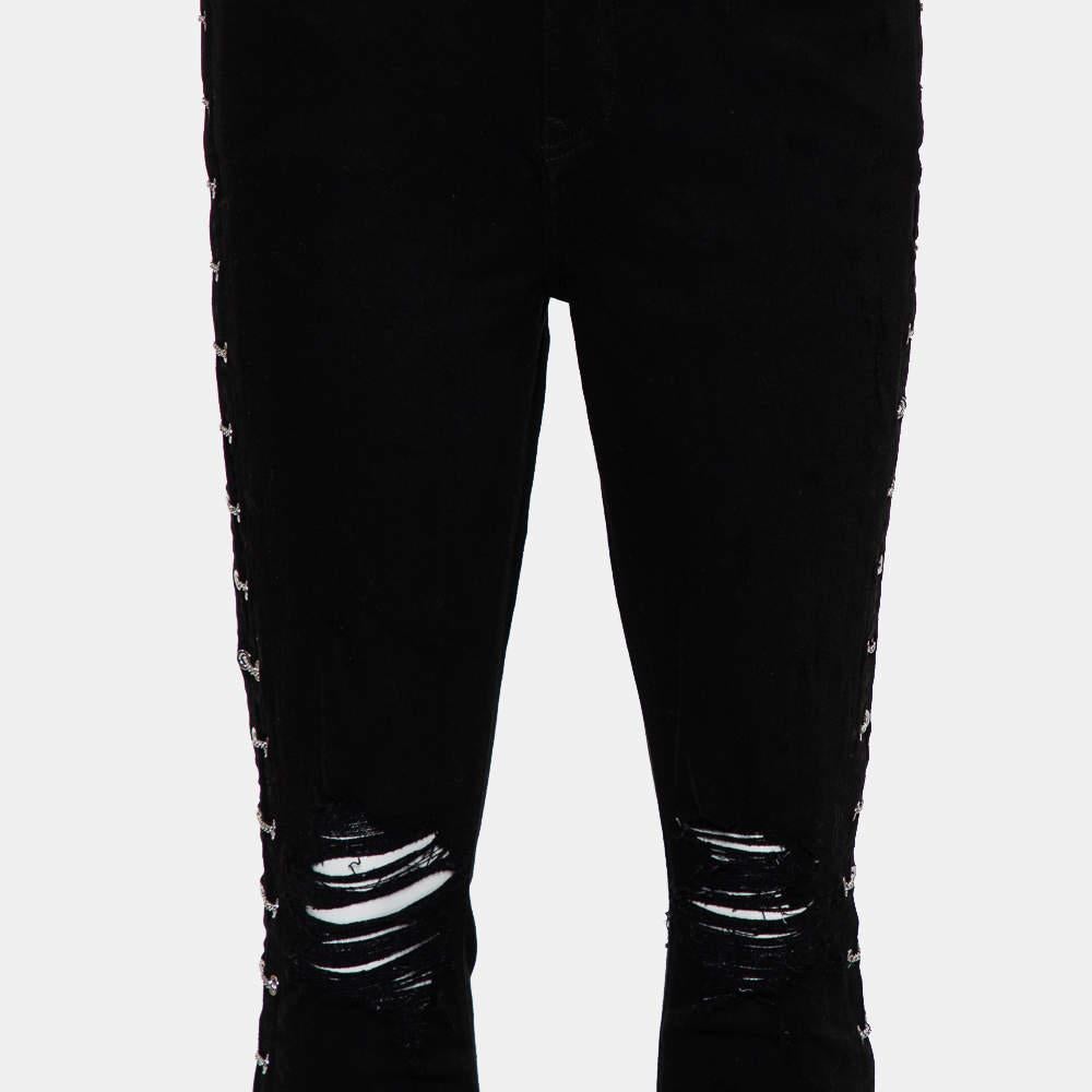 Amiri Black Denim Side Chain Detail Distressed Skinny Jeans M For Sale 2