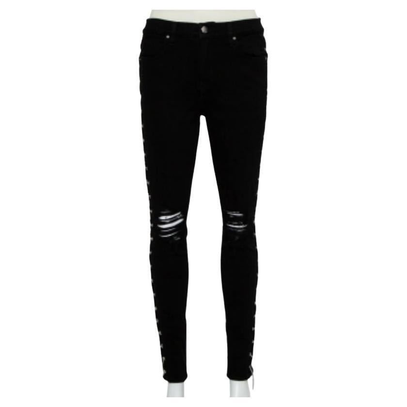 Amiri Black Denim Side Chain Detail Distressed Skinny Jeans M For Sale