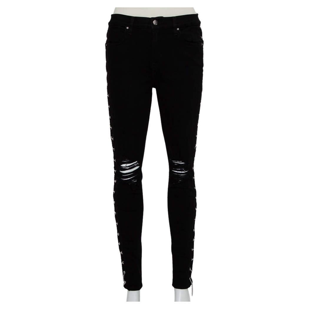 Amiri Black Denim Side Chain Detail Distressed Skinny Jeans M For Sale