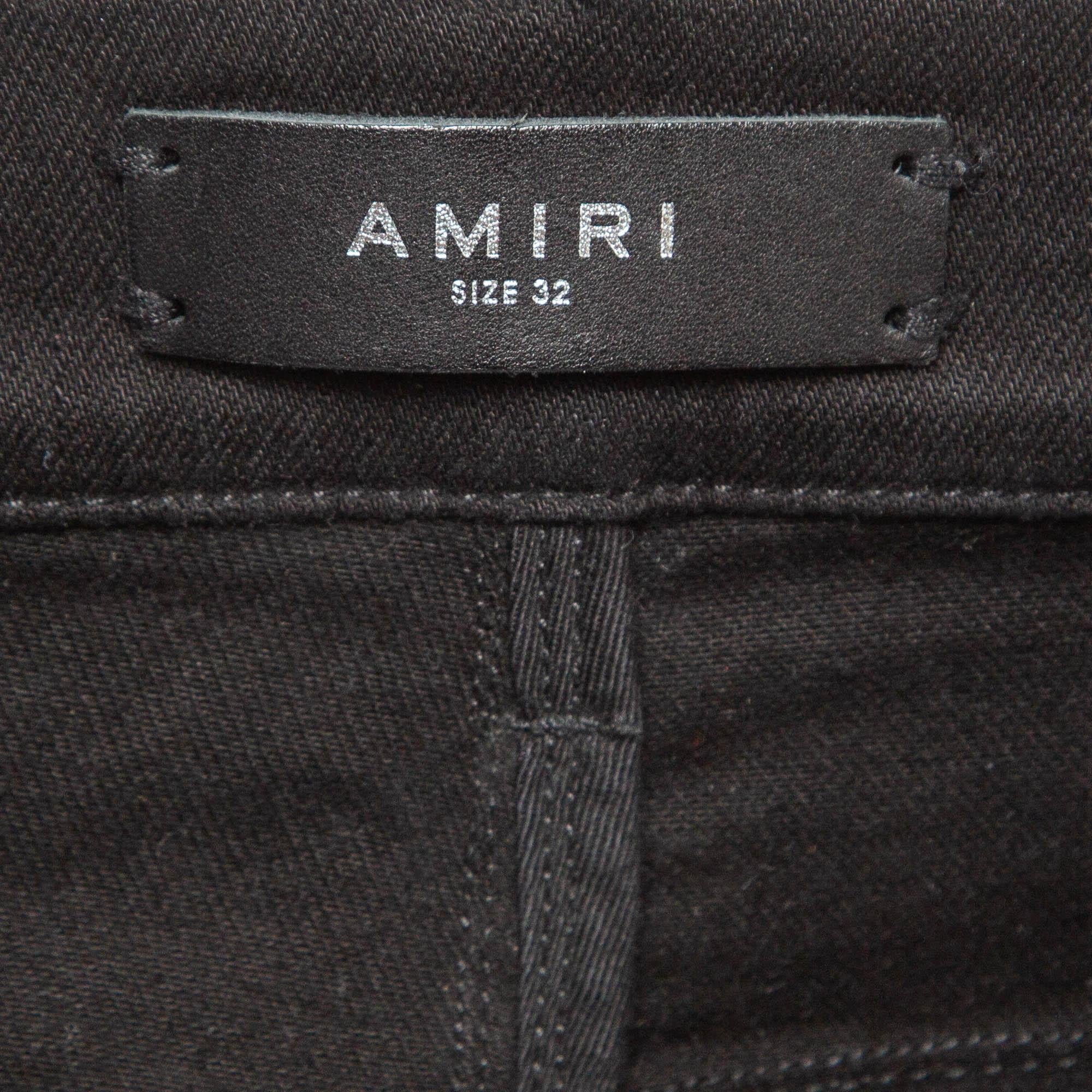 Amiri Black Denim Suede Patch Distressed Slim Fit Jeans M/Waist 32