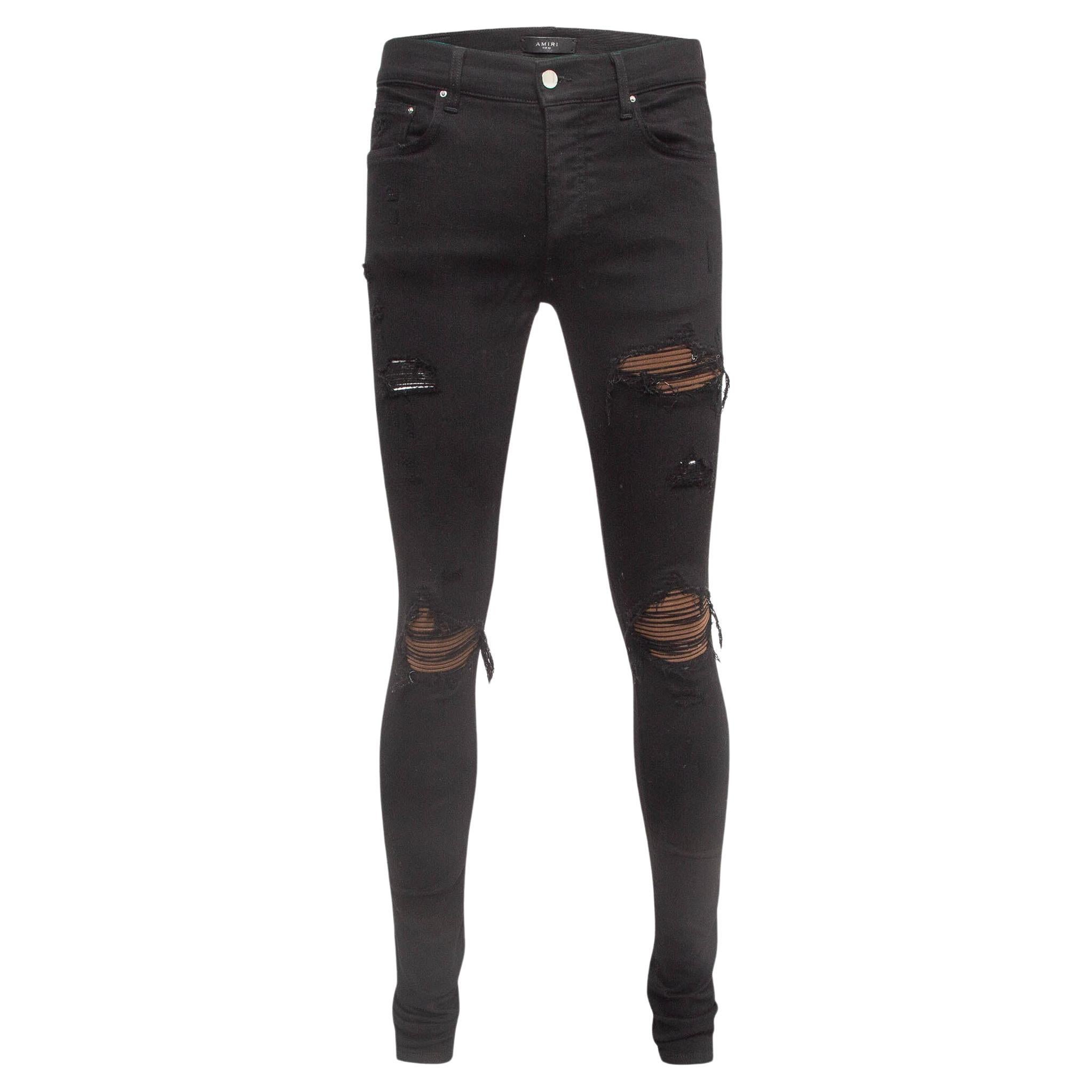 Amiri Black Denim Suede Patch Distressed Slim Fit Jeans M/Waist 32" (taille 32") en vente