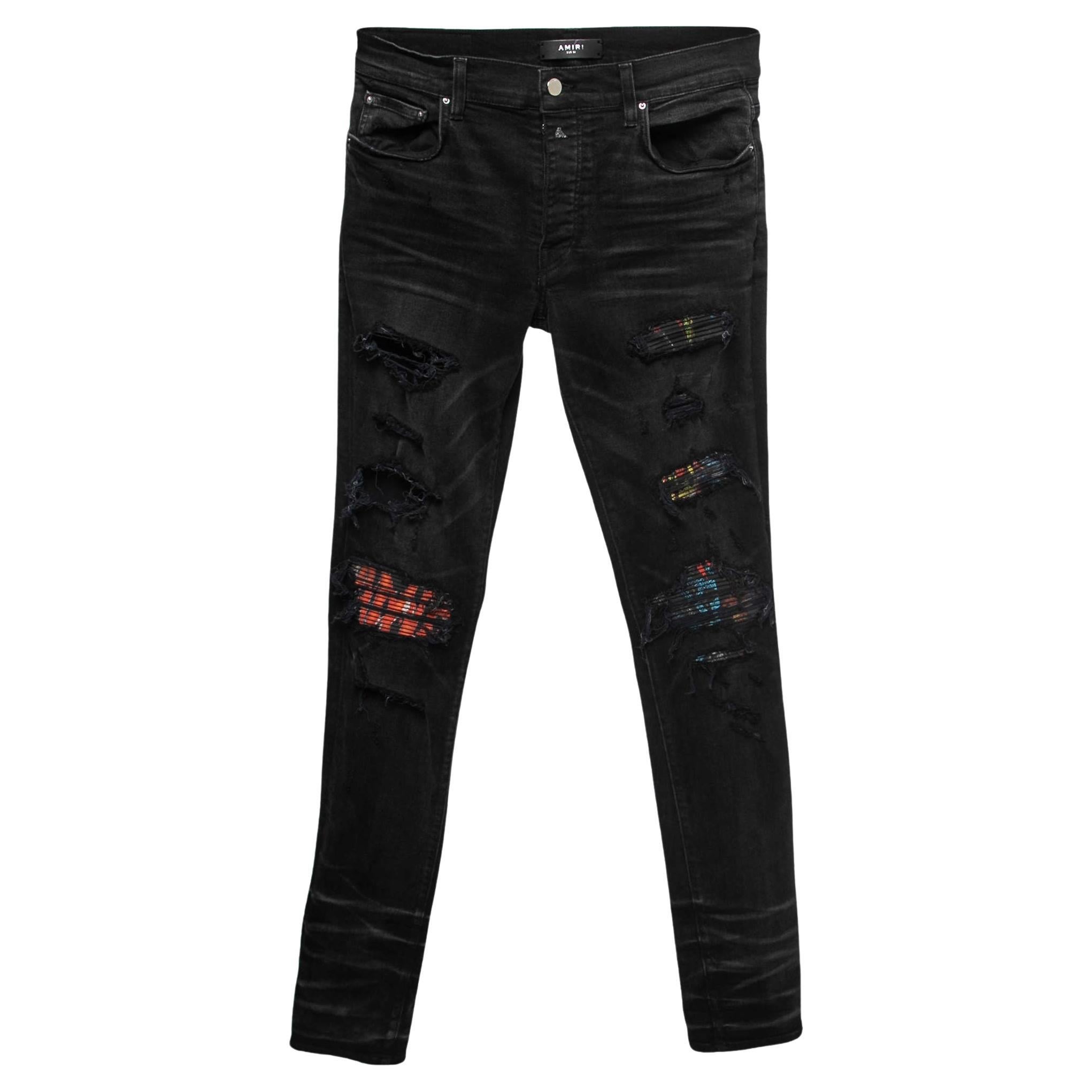 Amiri Black Distressed Denim Panelled Skinny Jeans M Waist 32" For Sale