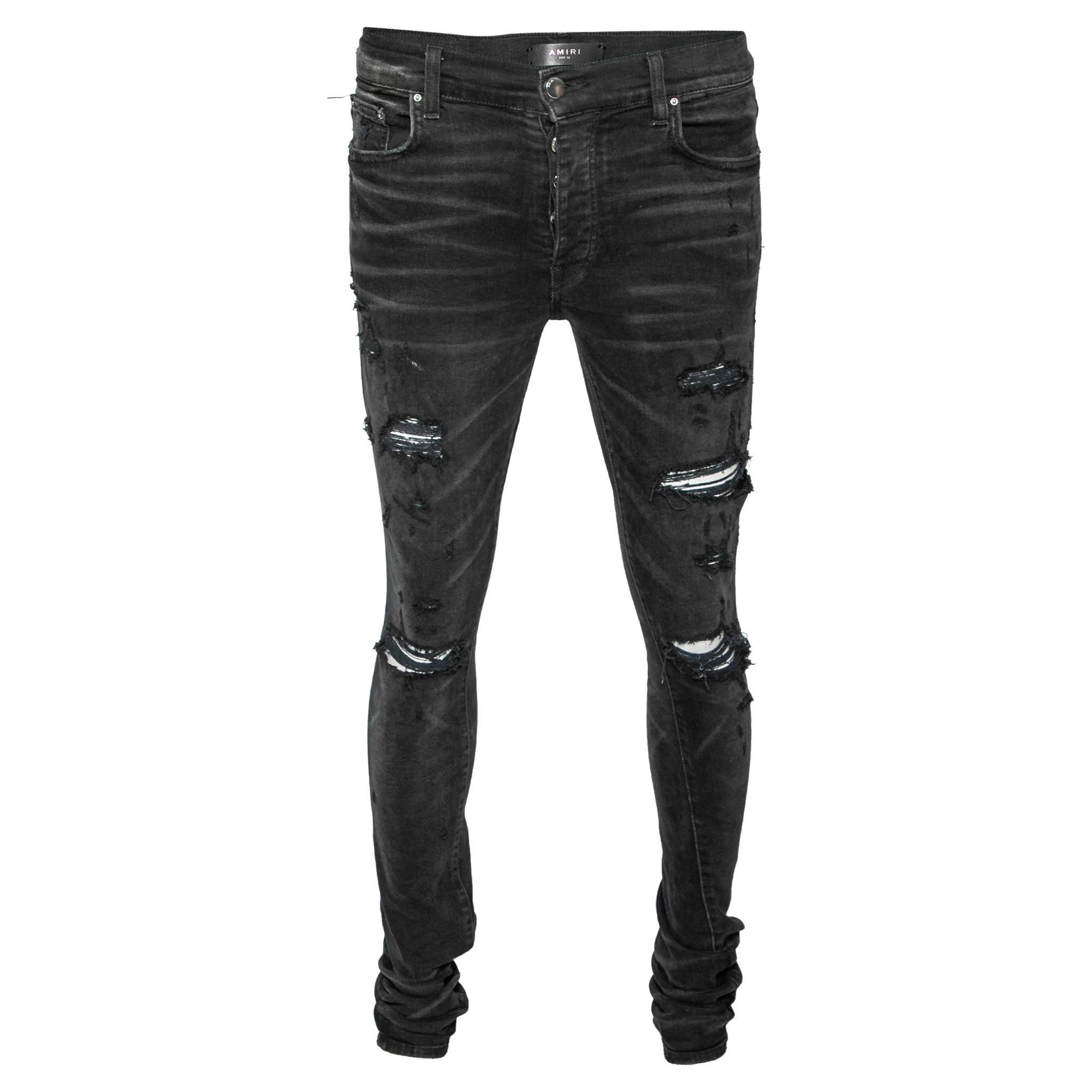Amiri Blue Distressed Denim Patch Applique Detailed Slim Fit Jeans M ...
